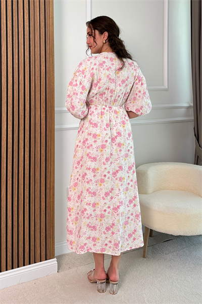 Çiçekli Müslin Elbise - PEMBE