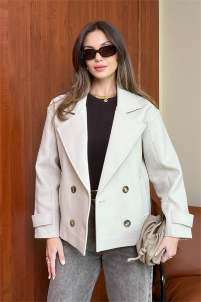 Çift Düğme Kısa Kaban - KREM