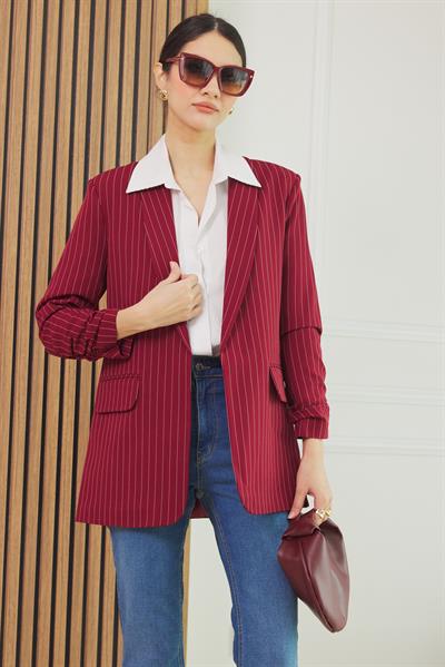 Çizgili Blazer Ceket - BORDO