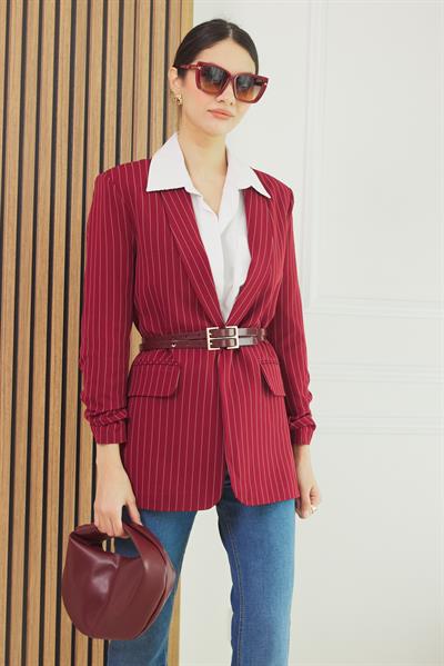 Çizgili Blazer Ceket - BORDO