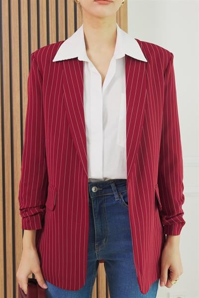 Çizgili Blazer Ceket - BORDO