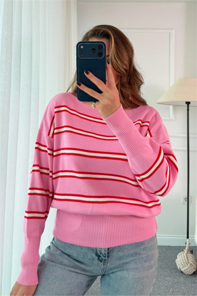 Çizgili Kayık Yaka Triko - PEMBE