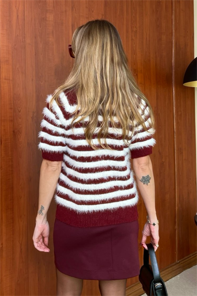 Çizgili Kısa Kol Triko - BORDO
