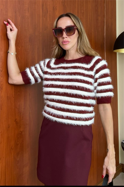 Çizgili Kısa Kol Triko - BORDO