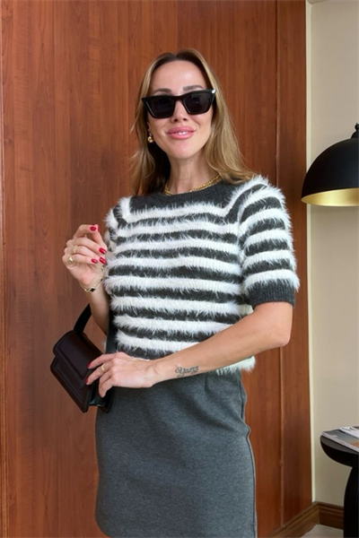 Çizgili Kısa Kol Triko - FÜME