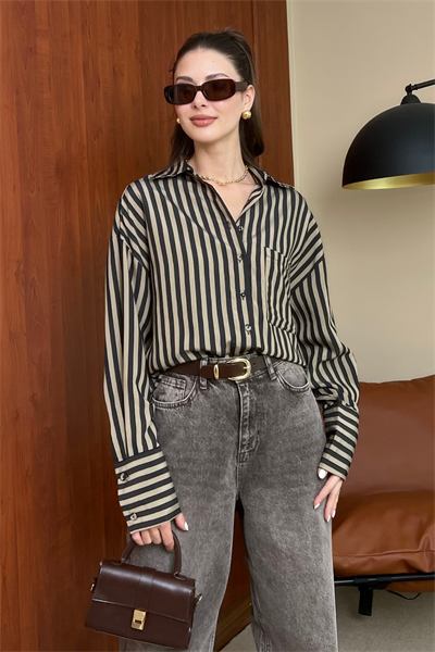 Çizgili Oversize Gömlek - KAHVERENGİ