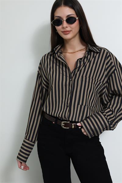 Çizgili Oversize Gömlek - KAHVERENGİ