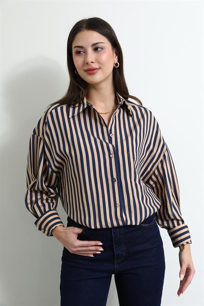 Çizgili Oversize Gömlek - TABA