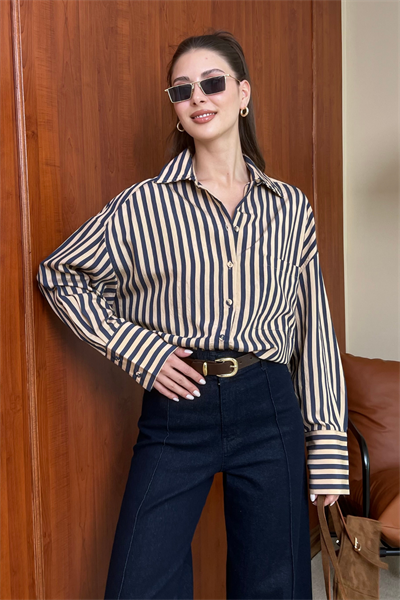 Çizgili Oversize Gömlek - TABA
