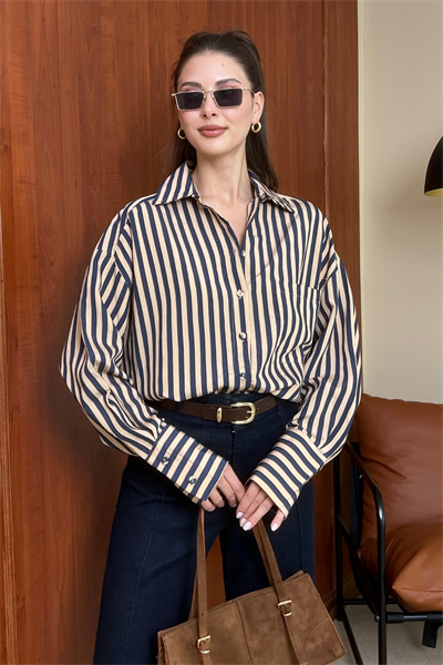 Çizgili Oversize Gömlek - TABA