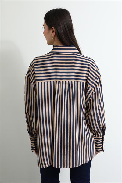 Çizgili Oversize Gömlek - TABA