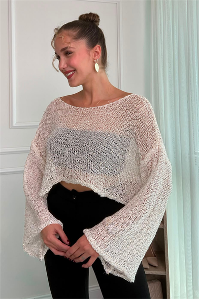 Crop Işıltılı Bluz - BEYAZ