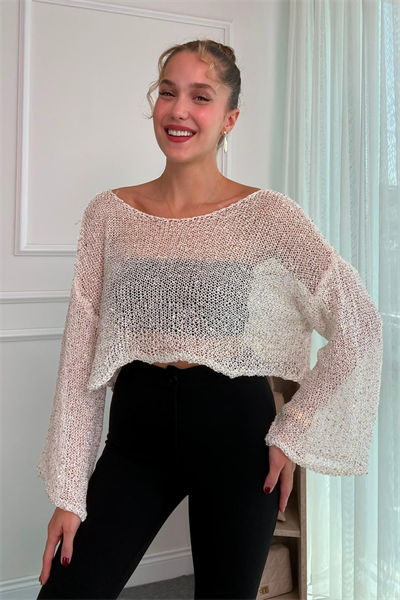 Crop Işıltılı Bluz - BEYAZ