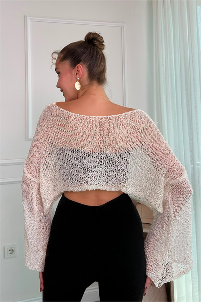 Crop Işıltılı Bluz - BEYAZ