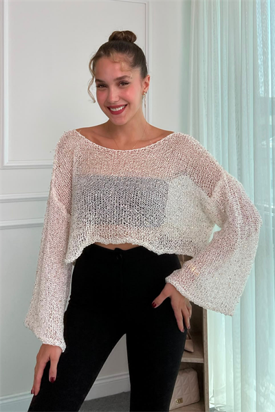Crop Işıltılı Bluz - BEYAZ
