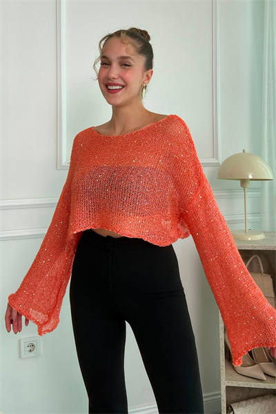 Crop Işıltılı Bluz - TURUNCU