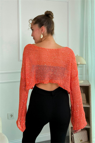 Crop Işıltılı Bluz - TURUNCU