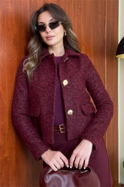 Crop Kaşe Ceket - BORDO