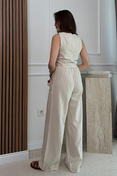 Crop Keten Takım - KREM