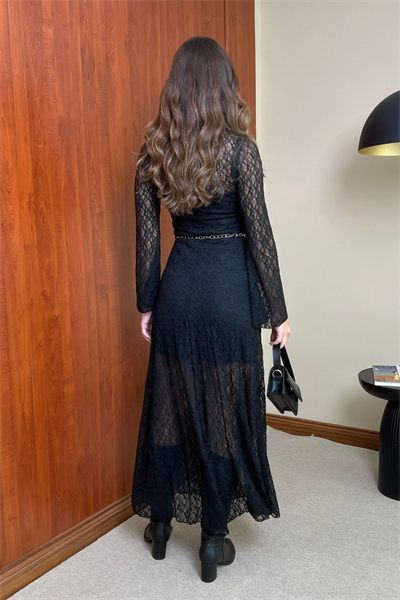 Dantel Detaylı Kemerli Elbise - SİYAH