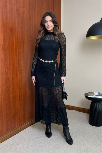 Dantel Detaylı Kemerli Elbise - SİYAH