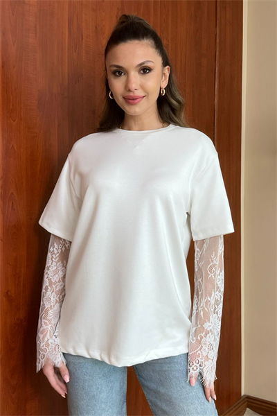 Dantel Kollu T-Shirt - BEYAZ