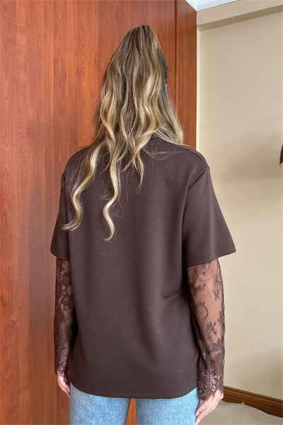 Dantel Kollu T-Shirt - KAHVERENGİ