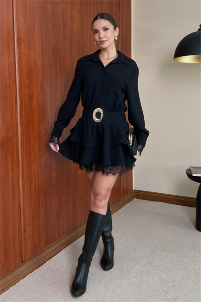 Dantelli Kemerli Elbise - SİYAH