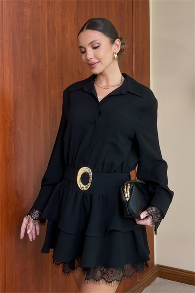 Dantelli Kemerli Elbise - SİYAH