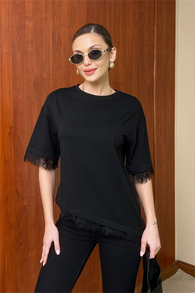 Dantelli T-Shirt - SİYAH