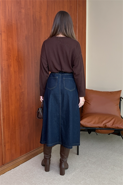 Denim Kemerli Etek - Lacivert