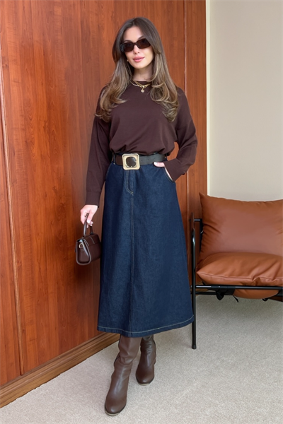 Denim Kemerli Etek - Lacivert
