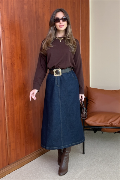 Denim Kemerli Etek - Lacivert
