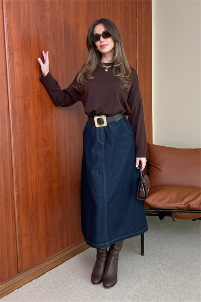 Denim Kemerli Etek - Lacivert