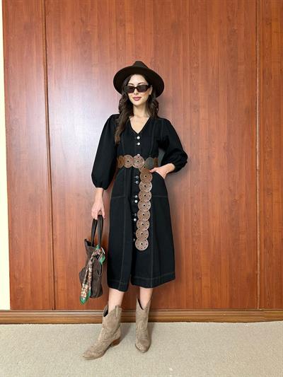 Denim Midi Elbise - SİYAH