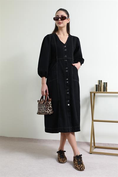 Denim Midi Elbise - SİYAH