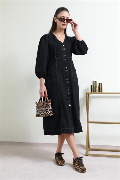 Denim Midi Elbise - SİYAH