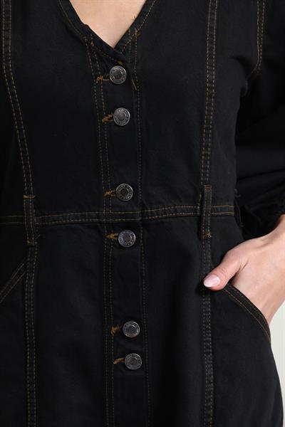Denim Midi Elbise - SİYAH