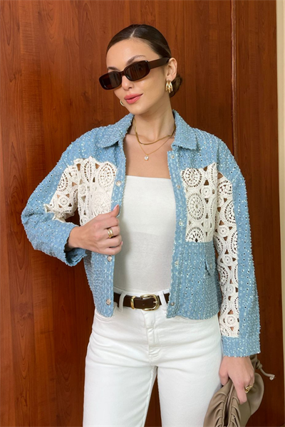 Denim Örme Detaylı Ceket - MAVİ