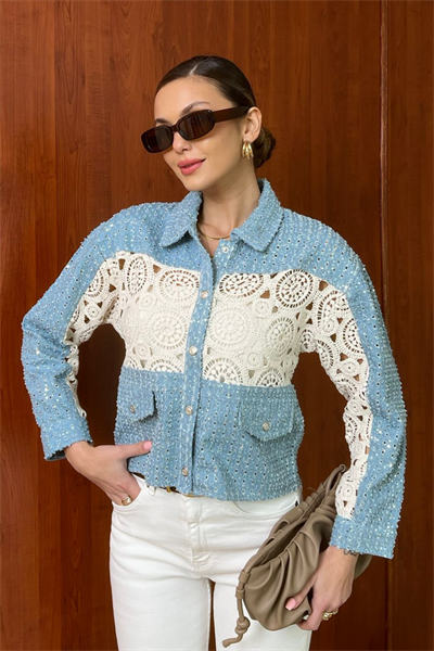 Denim Örme Detaylı Ceket - MAVİ