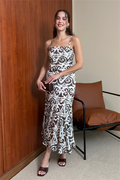 Desenli Askılı Elbise - BORDO