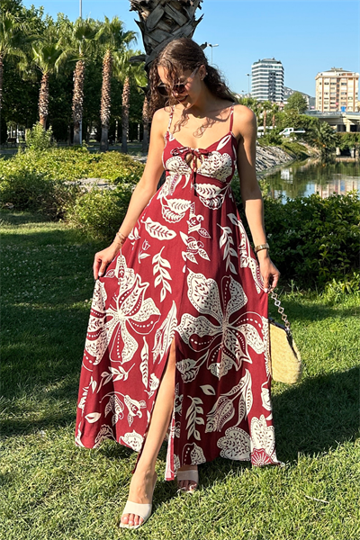 Desenli Askılı Elbise - BORDO