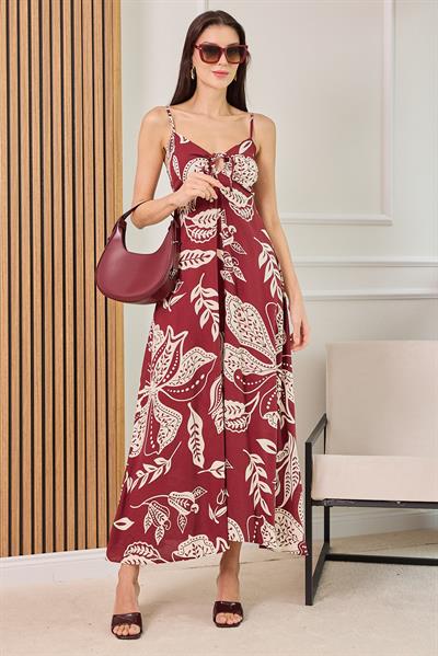 Desenli Askılı Elbise - BORDO