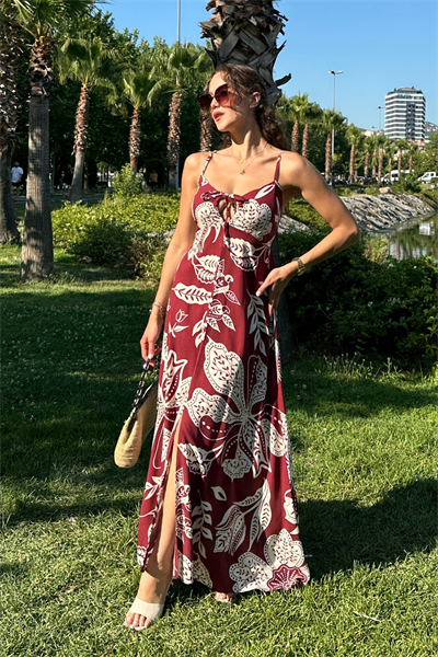 Desenli Askılı Elbise - BORDO