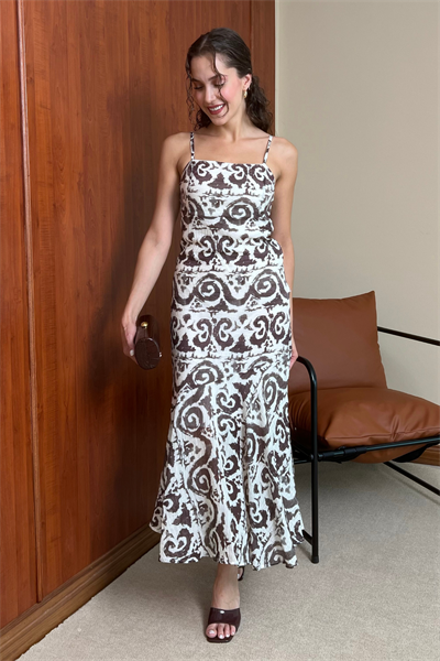 Desenli Askılı Elbise - BORDO