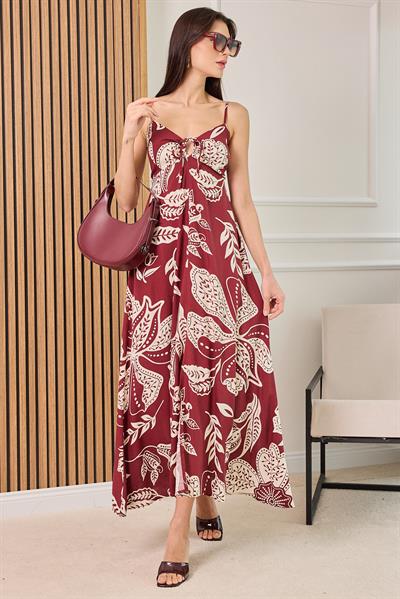 Desenli Askılı Elbise - BORDO