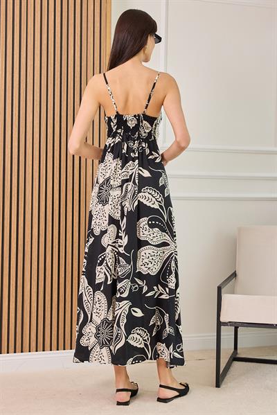 Desenli Askılı Elbise - SİYAH