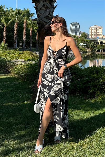 Desenli Askılı Elbise - SİYAH