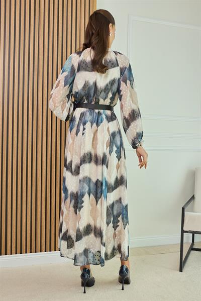 Desenli Şifon Elbise - MAVİ