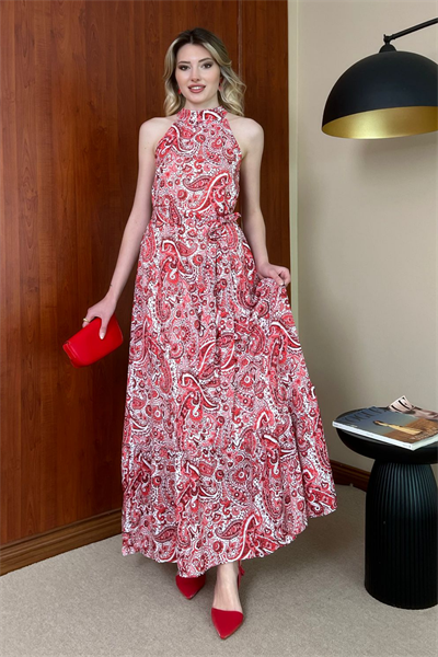 Desenli Uzun Elbise - KIRMIZI